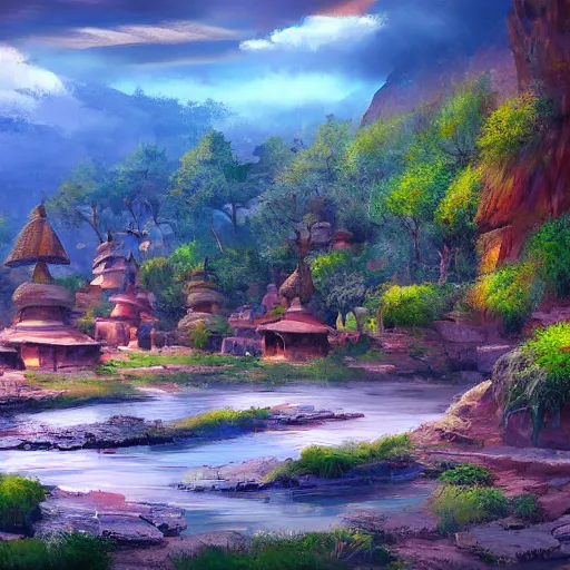 Image similar to beautiful landscape of a indian village, artstation, 4k, hd, digital art, colourful