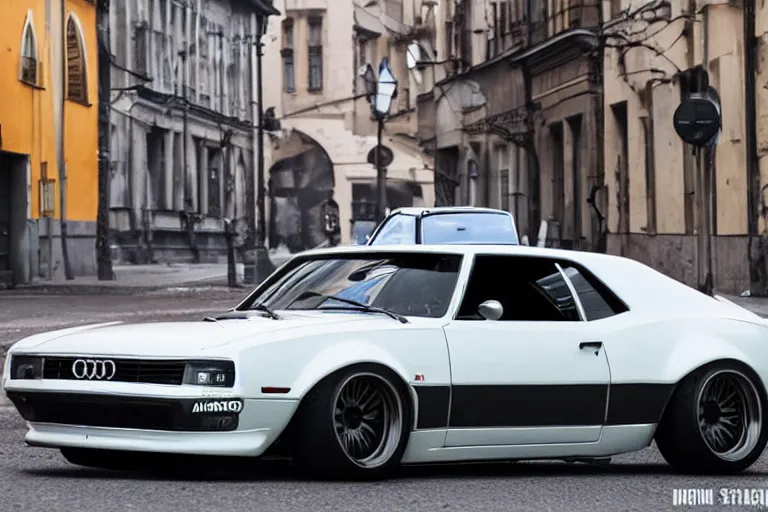 Image similar to widebody audi camaro b 1 ( 1 9 6 9 ), need for speed : carbon, at night, sci - fi, neon lines, lviv historic centre, phonk music background, smoke behind wheels, noise, dark, establishing shot, by simon stalenhag