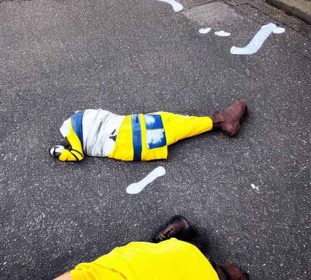 Image similar to crime scene photo of a minion lying dead on the pavement with a chalk outline around him