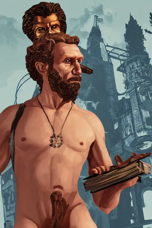 Prompt: saint homo neanderthalis, with book of science, on his right hand, and riffle, on his left hand, violet polsangi pop art, gta chinatown wars art style, bioshock infinite art style, incrinate, realistic anatomy, hyperrealistic, two colors, white frame, 4 k, uhd, remove duplicate content