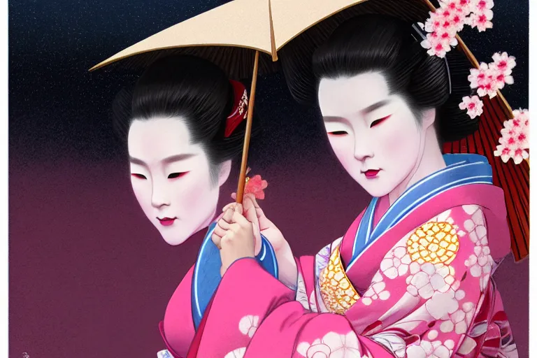 Prompt: a beautiful geisha tardigrade!!! wearing a kimono at a fireworks sakura festival. rainy, dreamlike art, mist, realistic shaded, fine details, 4 k realistic, cryengine, realistic shaded lighting poster by greg rutkowski, magali villeneuve, artgerm, jeremy lipkin and michael garmash and rob rey