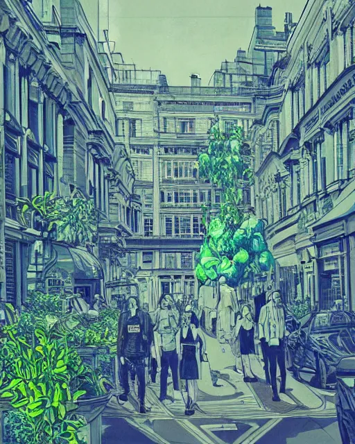 Prompt: london street scene by james jean, green plants, blue light, fine details