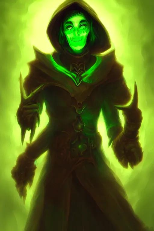 Prompt: necromancer smiling. green lighting. fantasy, digital painting, hd, detailed.