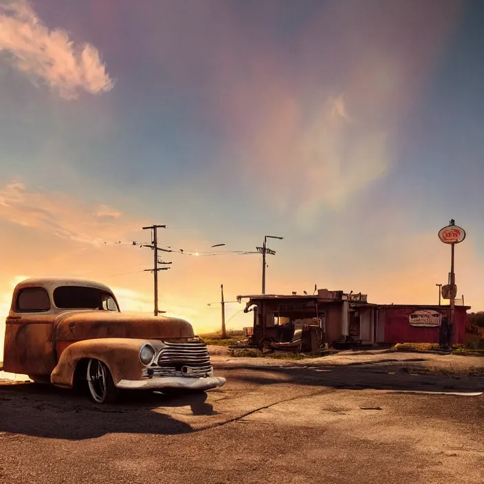 Image similar to a sunset light landscape with historical route 6 6, lots of sparkling details and sun ray ’ s, blinding backlight, smoke, volumetric lighting, colorful, octane, 3 5 mm, abandoned gas station, old rusty pickup - truck, beautiful epic colored reflections, very colorful heavenly, softlight