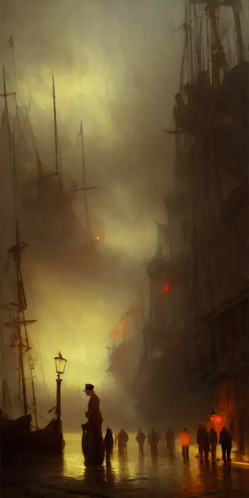 Image similar to a seaport in 1 9 4 0 with red light on, sunny day, a men stand up next to the edge, mystical orange fog, oil on canvas, art by andreas achenbach, clemens ascher, tom bagshaw and sabbas apterus,