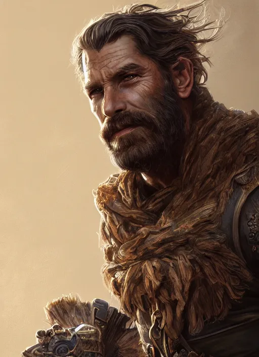 Image similar to portrait of a ruggedly handsome ranger, hands details, muscular, half body, leather, hairy, d & d, fantasy, intricate, elegant, highly detailed, digital painting, artstation, concept art, smooth, sharp focus, illustration, art by artgerm and greg rutkowski and alphonse mucha