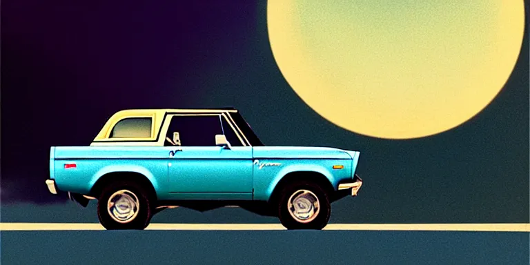 Image similar to a cinematic keyframe matte painting of a sleek 1 9 7 0 s vaporwave concept vehicle retro - futurism sci - fi sky blue ford bronco car in an open garage in the colorado, view from the street. in the moonlight. by eric lafforgue, glennray tutor and edward hopper, greg rutkowski. trending on artstation.