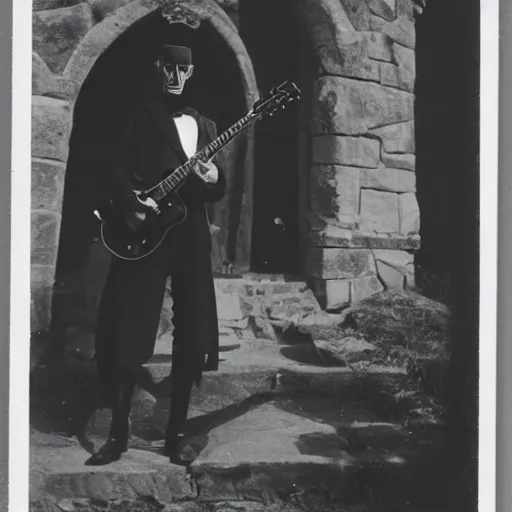 Image similar to vintage photograph of count orlok outside his castle, playing the blues on guitar, castle in the background, 4 k