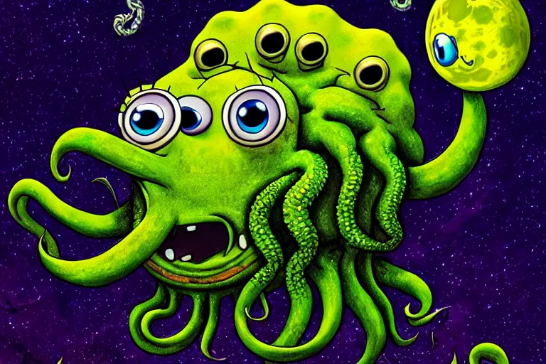 Prompt: Spongebob Cthulhu chimera on the photorealistic moon surface, high detail, movie poster, lunar, silhouetted