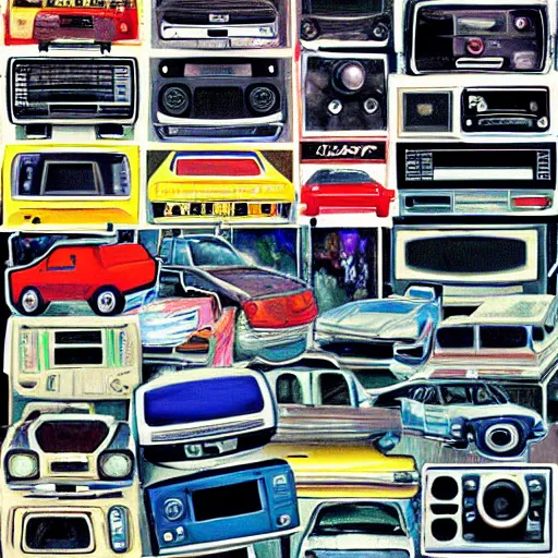 Image similar to array of crt televisions made out of cars, hot wheel collection, tv static, blob, technology, antenna, stacked, junkyard, polaroid, steroids, adult video store, impressionist painting, painting, acrylic painting, cell shaded