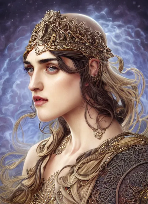 Prompt: Katie Mcgrath as a Greek Goddess, beautiful detailed eyes, cute, fantasy, intricate, elegant, highly detailed, digital painting, 4k, HDR, concept art, detailed jewelry, smooth, sharp focus, illustration, art by Artgerm, H R Giger and Alphonse Mucha