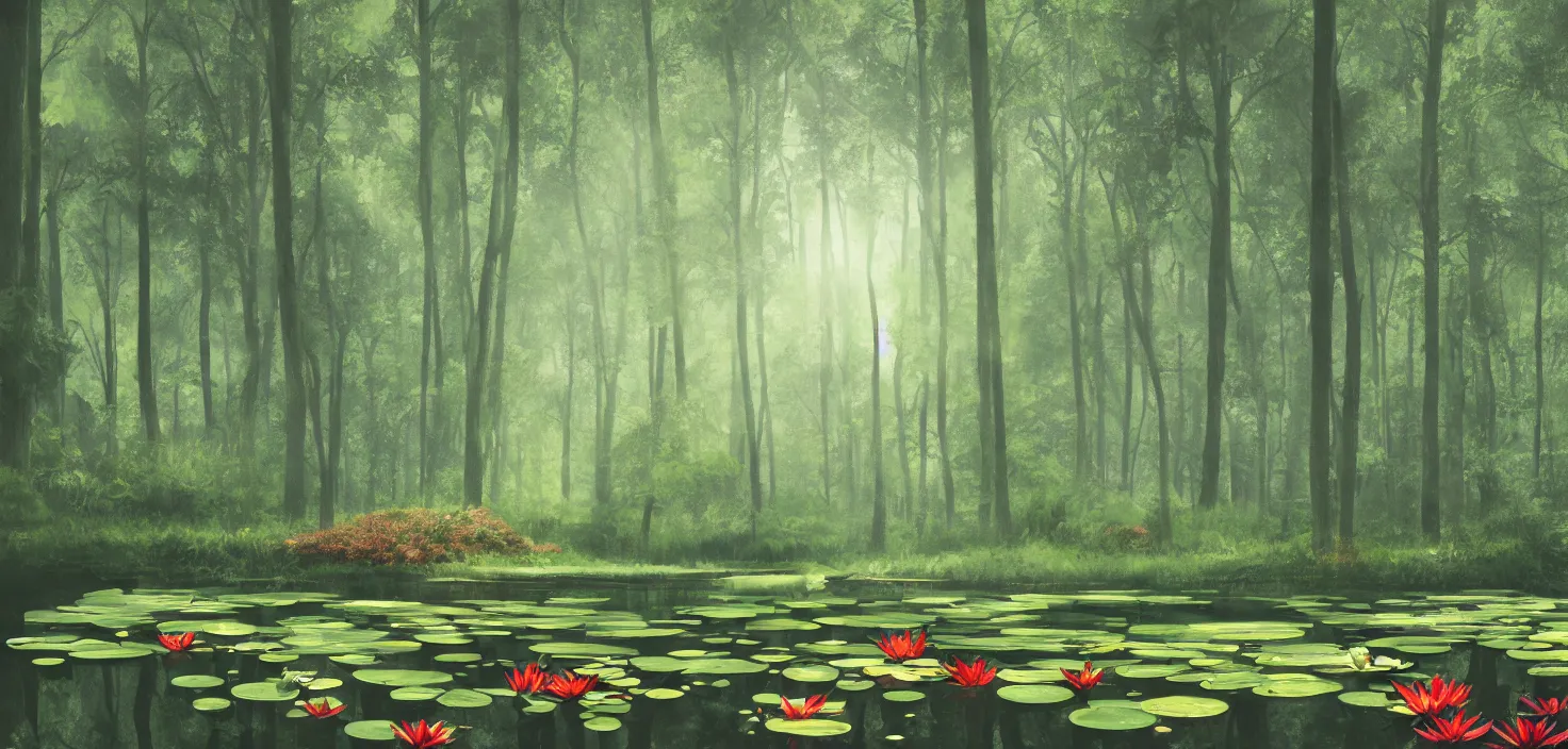 Prompt: a forest atmosphere floating on a large lily pad, photoillustration ink drawing acrylic art digital illustration oil on canvas photorealistic polished sci - fi filmic stock photo landscape polished photorealistic, by moebius and edward hopper, vivid bright light, colorful flat surreal design, hd, 4 k, artstation