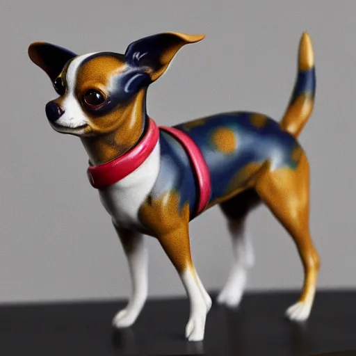 Image similar to A porcelain model of a chihuahua painted in an Emma Bridgewater pattern, style of Emma Bridgewater, sculpture, photograph, studio lighting, product photography, advertising photography, pottery, figurine, octane render –H 768