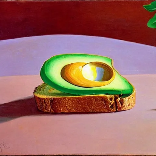 Image similar to avocado on toast on a coffee table by salvador dali, oil on canvas