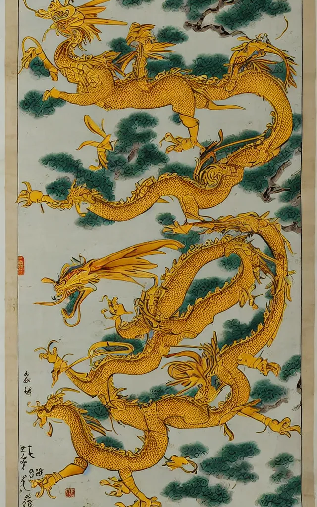 Prompt: a chinoiserie poster depicting a golden dragon