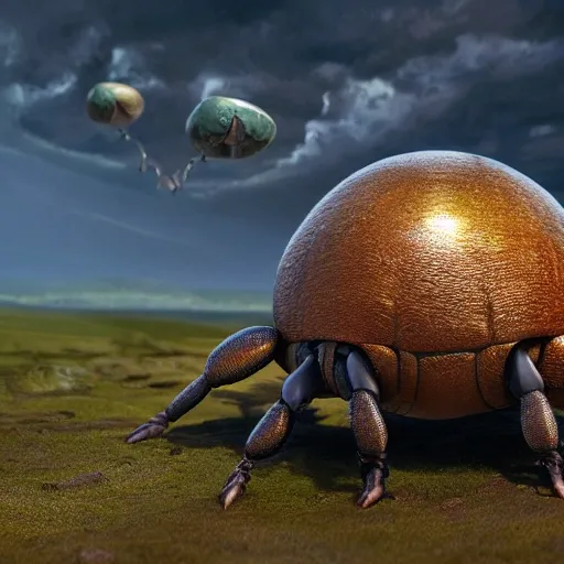 Prompt: a dung beetle pushing the earth up a hill, ultra realistic, concept art, intricate details, highly detailed, photorealistic, octane render, 8 k, unreal engine. art by boris vallejo