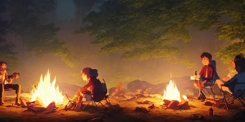 Prompt: a wholesome animation key shot of a focused traveler sitting at a campfire at night, medium shot, waist up, studio Ghibli, Pixar and Disney animation, sharp, very detailed, high resolution, Rendered in Unreal Engine 5, anime key art by Greg Rutkowski, Bloom, dramatic lighting