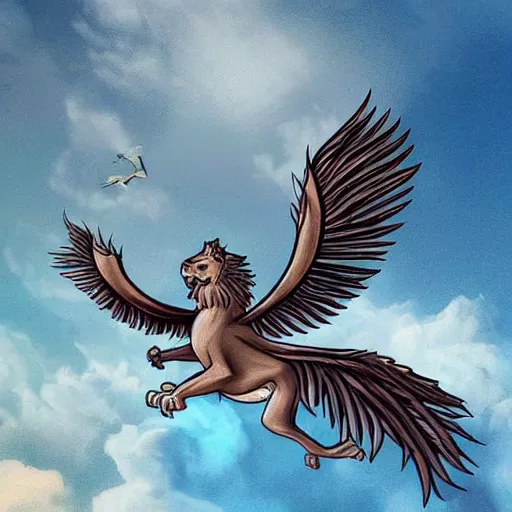 Image similar to a beautiful winged lion soaring through the sky, fantasy illustration