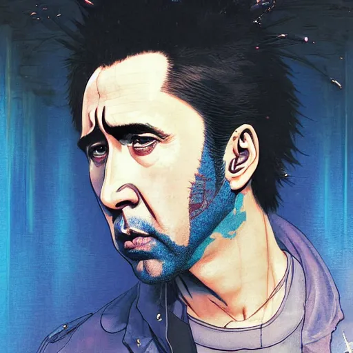 Image similar to prompt : blue nicolas cage illustration portrait soft light painted by james jean and katsuhiro otomo and erik jones, inspired by evangeleon anime, smooth face feature, intricate oil painting, high detail illustration, sharp high detail, manga and anime 1 9 9 9