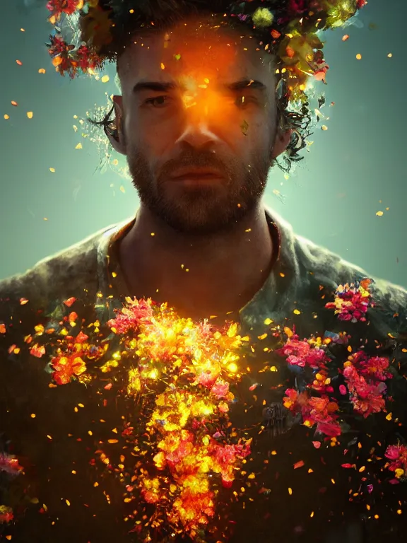 Prompt: portrait art of man with flowers exploding out of head 8 k ultra realistic, lens flare, atmosphere, glow, detailed, intricate, full of colour, cinematic lighting, trending on artstation, 4 k, hyperrealistic, focused, extreme details, unreal engine 5, cinematic, masterpiece