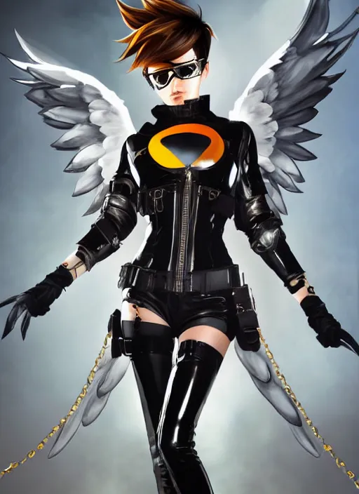 Image similar to full body artwork of tracer overwatch, wearing black latex outfit, in style of mark arian, angel wings, dramatic painting, wearing detailed leather collar, black shiny armor, chains, black harness, detailed face and eyes,