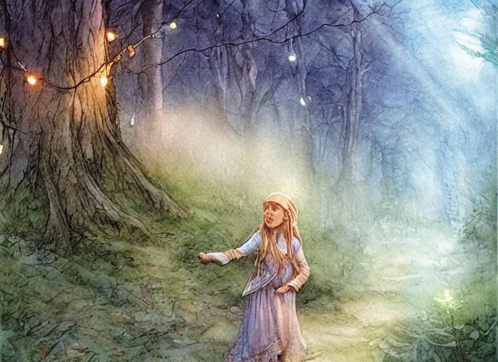 Image similar to young elf girl singing in the forest with fairy lights, light ground fog, river, detailed fantasy watercolor comic style, subtle colors, by alan lee and tony sart