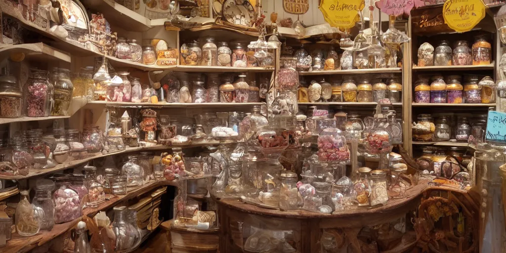 Image similar to Inside an old fashioned sweet shop, sweet jars on shelves, fantasy vendor interior, wide angle, cinematic, highly detailed, cinematic lighting , photorealistic