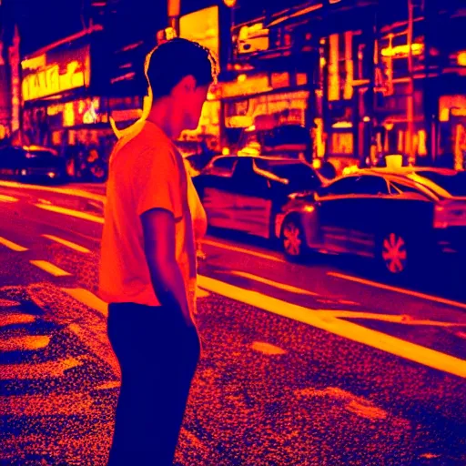 Prompt: silhouette of man smoking cigarette on busy city street, nighttime, neon colors, beautiful close-up photography, 8K