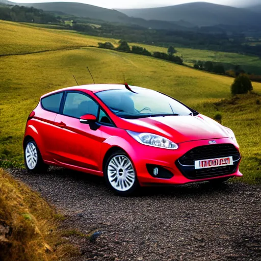 Image similar to red ford fiesta mk 6 zetec on a mountain road, award winning photograph, golden hour