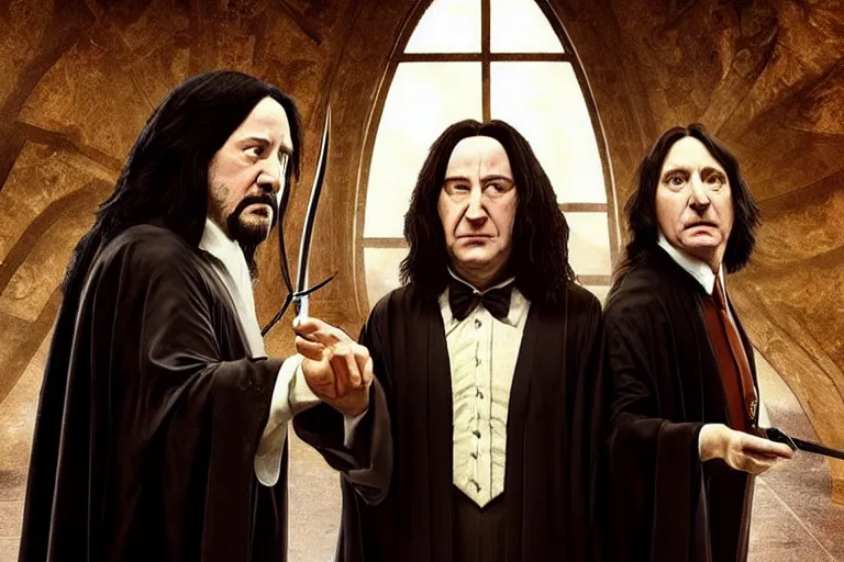 Image similar to Movie poster with Danny DeVito as Albus Dumbledore and Keanu Reeves as Severus Snape and Snoop Dog as Harry Potter