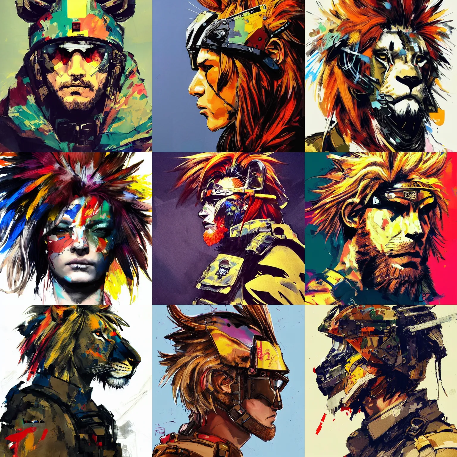 Prompt: a beautiful side portrait painting of a soldier, with a lion helmet. the mane is pretty colorful. art by yoji shinkawa and sandra chevrier, trending on artstation.