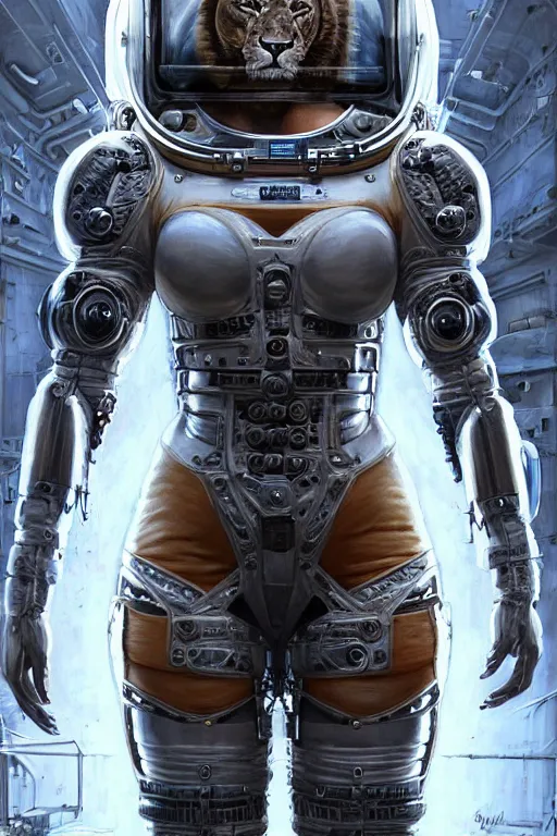 Image similar to a portrait of a muscular anthropomorphic cyberpunk lioness in spacesuit armor with ensignia on chest plate by sandra chevrier, by jon foster, detailed render, post - processing, extremely hyperdetailed, intricate, epic composition, cybernetics, 4 k realistic, cryengine, realistic shaded lighting, sharp focus, masterpiece, by enki bilal