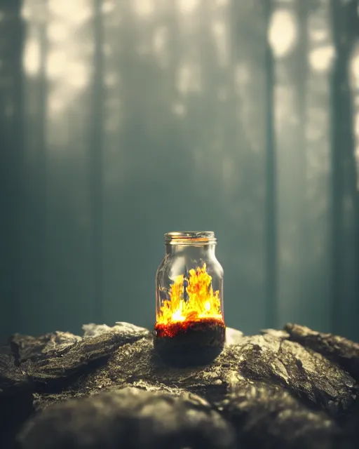 Prompt: glass jar with a burning forest inside, standing on a rock, bokeh, dark background, dramatic lighting, fantasy, magic, hyperrealistic, volumentric lighting, golden sunglight, highly detailed, reflections, refractions