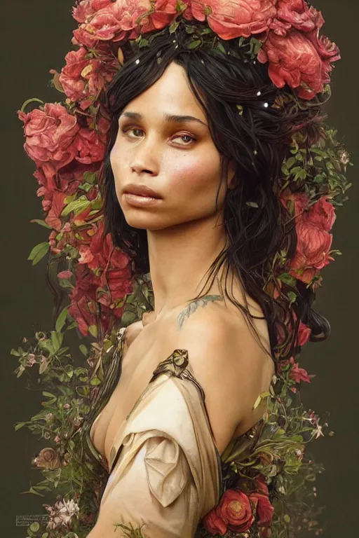 Image similar to ultra realistic illustration, zoe kravitz as persephone, intricate, elegant, highly detailed, digital painting, artstation, concept art, smooth, sharp focus, illustration, art by artgerm and greg rutkowski and alphonse mucha