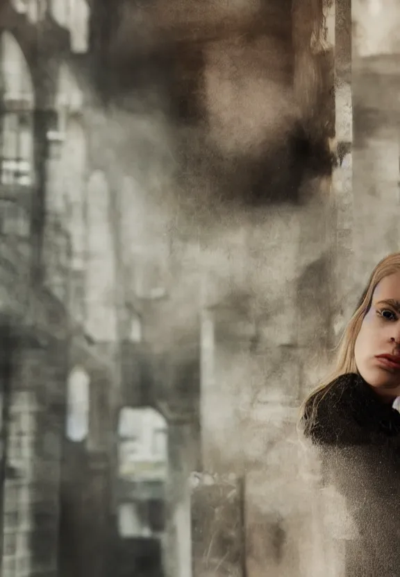 Prompt: cute model annie leonhart posing in dunwall city building roof, beautiful face, detailed face, realistic eyes, cinematic lighting, rainy weather, melancholy atmosphere, volumetric light, gothic architecture, realistic reflections, model agency, instagram photo, depression atmosphere, shot on sony a 7 iii, beauty filter, postprocessing