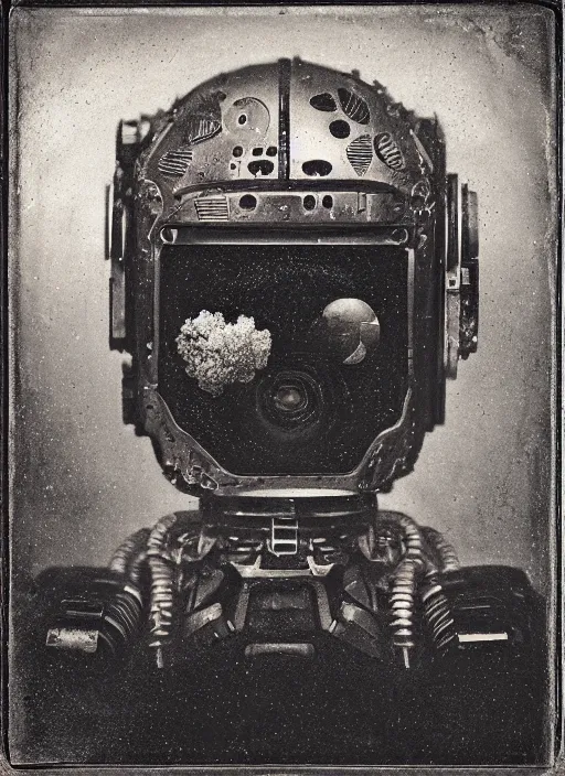 Image similar to old wetplate daguerreotype portrait of futuristi robot, dubbel exposuree, explosion of data fragments, fractal, intricate, elegant, highly detailed, parallax, leica, medium format, subsurface scattering, by jheronimus bosch and greg rutkowski and louis jacques mande daguerre