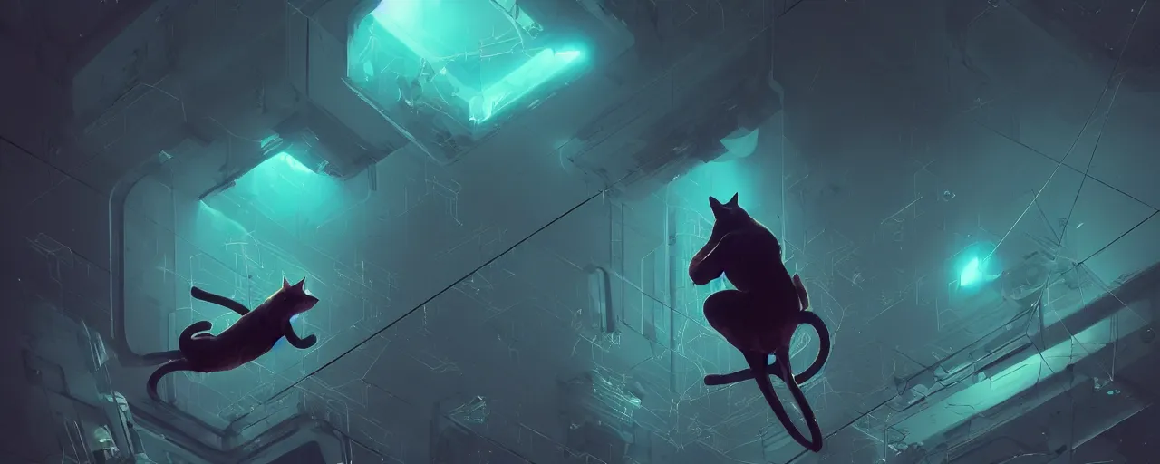 Image similar to duotone noir scifi concept dynamic illustration of 3 d mesh of cat inside box floating zero gravity glowing 3 d mesh quantum portals, glowing eyes, octane render, surreal atmosphere, volumetric lighting. accidental renaissance. by sachin teng and sergey kolesov and ruan jia and heng z. graffiti art, scifi, fantasy, hyper detailed. trending on artstation