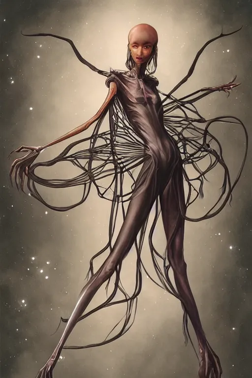 Image similar to portrait of an elegant alien spider queen, long legs, many legs, spindly legs, full body character concept art, by artgerm, tom bagshaw, gerald brom, vaporwave colors, lo - fi colors, vaporwave, lo - fi, 4 k, hd,