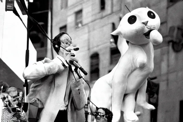 Prompt: giant cat singing into a microphone on broadway stage, candid photograph by slim aarons