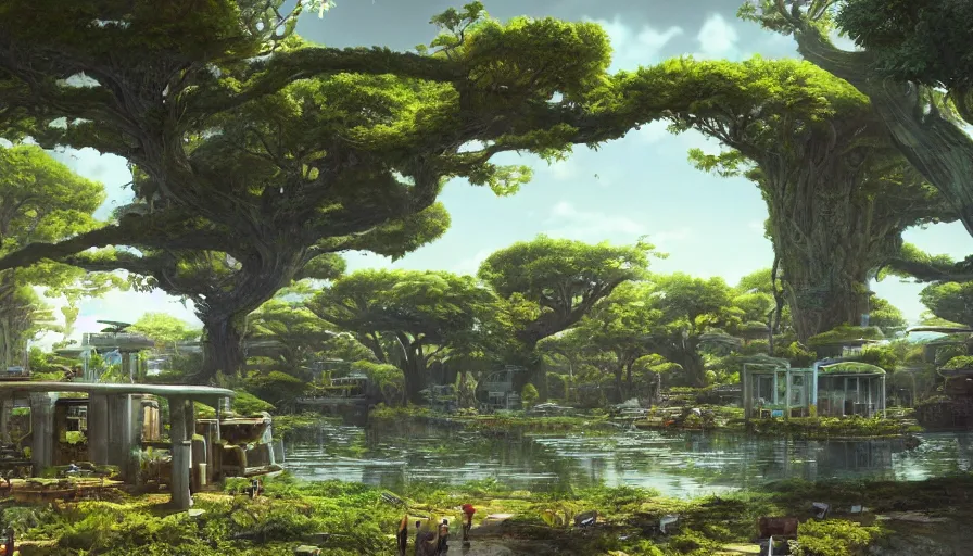 Image similar to an alien city with a pond, beautiful ancient trees, hiding large treasure chest, serene evening atmosphere, soft lens, soft light, cel - shading, animation, in the style of cgsociety, deviantart, artstation, zbrush, cinema 4 d, studio ghibli, akihiko yoshida, atelier lulua, masamune shirow