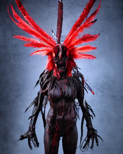 Image similar to xenomorph - human pyromancer ghost - spirit of the grim - warpaint wears the scarlet skull armor and native blood headdress feathers, midnight fog - mist!, dark oil painting colors, realism, cinematic lighting, various refining methods, micro macro autofocus, ultra definition, award winning photo, photograph by ghostwave - gammell - giger - shadowlord