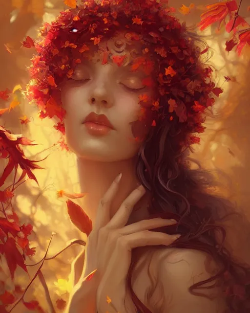 Image similar to beautiful autumn priestess with curly red - hair, flurry of leaves and flowers, warm aura, artgerm, peter mohrbacher, alena aenami, artstation