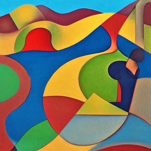 Image similar to woman woman as the natural landscape, her curves form the mountains and rivers of this land , high quality art in the style of cubism and georgia o’keefe,