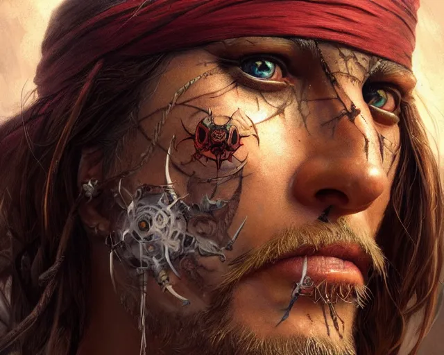 Image similar to close up of a pirate with scars and a face tattoo depicting neural networks and ai, deep focus, d & d, fantasy, intricate, elegant, highly detailed, digital painting, artstation, concept art, matte, sharp focus, illustration, hearthstone, art by artgerm and greg rutkowski and alphonse mucha