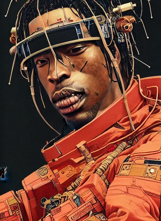 Image similar to a beautiful ukiyo painting of travis scott as a timepunk battle space pilot, wearing space techwear, detailed close up portrait, intricate complexity, concept art, by takato yamamoto, wlop, krenz cushart. cinematic dramatic atmosphere, sharp focus, digital full likeness art. center frame