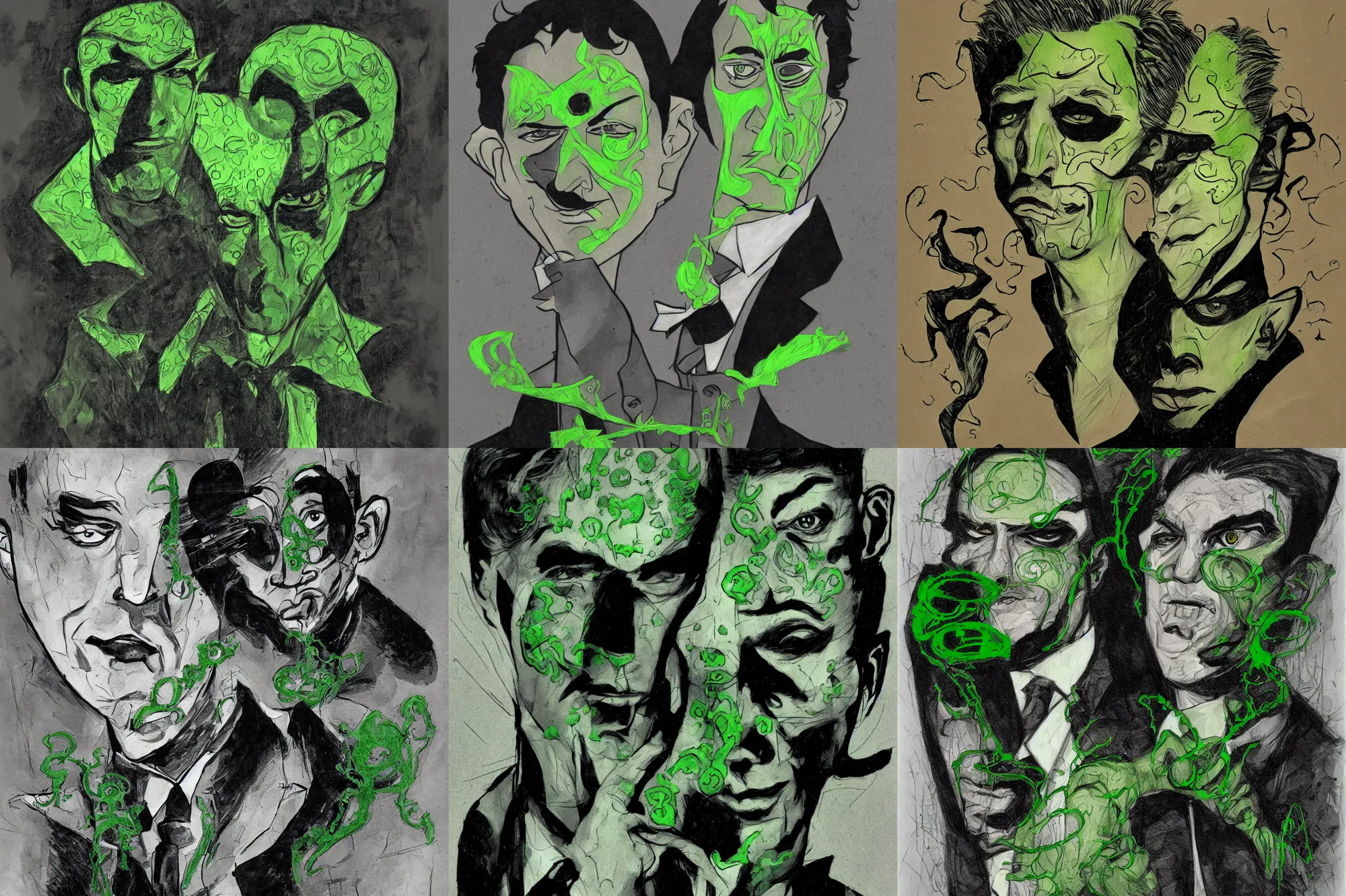 Prompt: Portrait of The Riddler in the style of Dave McKean