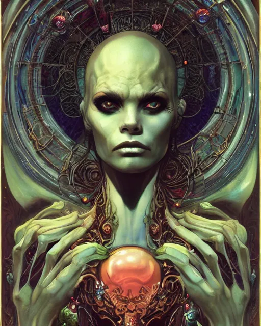 Prompt: centered portrait of a angry rotten beautiful alien growing ornamentation all around, ornate, ornaments, detailed, symmetrical, end of the world, elegant, beautifully soft lit, by wayne barlowe, peter mohrbacher, kelly mckernan, alphonse mucha