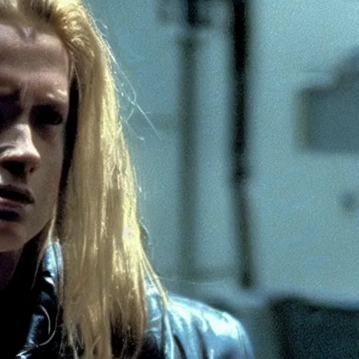 Image similar to long haired cyborg with damaged face. Cinematic lighting. Still from Terminator 2 ending scene