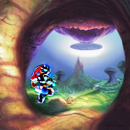 Image similar to the abyss, cave portal entrance into the Mushroom Kingdom, detailed Mario running towards portal, fantasy artwork, award winning, very very very very beautiful scenery, artstation