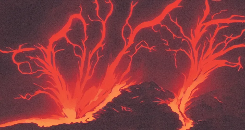 Prompt: a volcano made of ivory vines and crimson rocks enters in eruption, it spits a smoke in the shape of demonic eye, by Kurzgesagt,